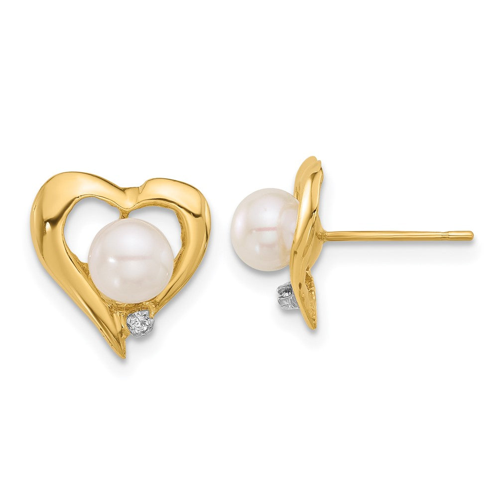 14K Yellow Gold 5-6mm Button White FWC Pearl .02ct Diamond Heart Post Earrings