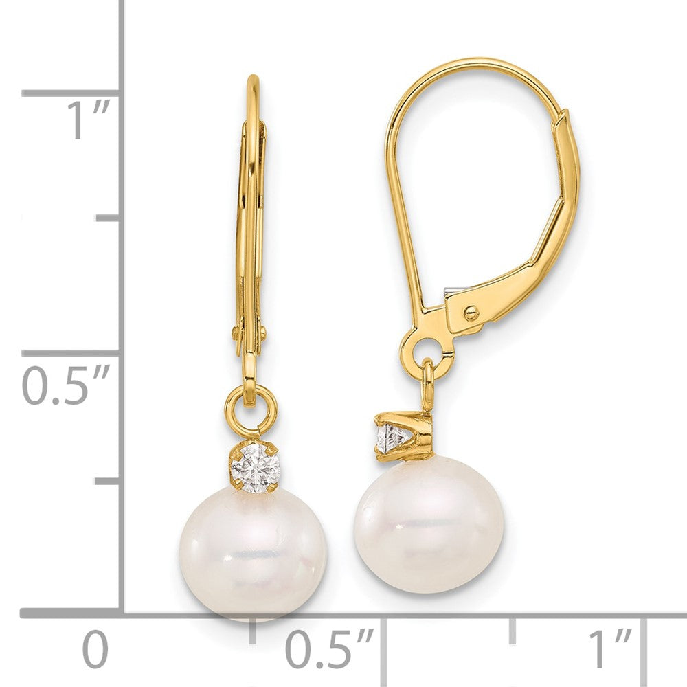 14K Yellow Gold 7-8mm Round White FWC Pearl and .10ct Diamond Leverback Earrings