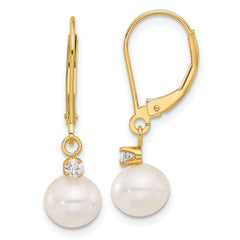 14K Yellow Gold 7-8mm Round White FWC Pearl and .10ct Diamond Leverback Earrings