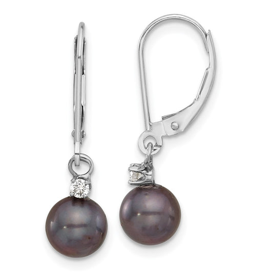 14K White Gold 7-8mm Round Black FWC Pearl .10ct Diamond Dangle Earrings