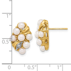 14K Yellow Gold 3-4mm Button White FWC Pearl and .02ct Diamond Post Earrings