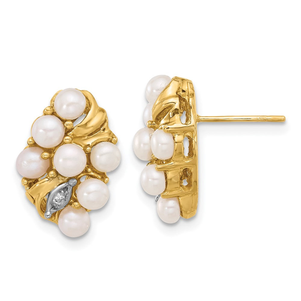 14K Yellow Gold 3-4mm Button White FWC Pearl and .02ct Diamond Post Earrings