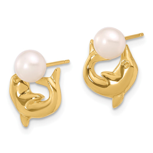 14K Yellow Gold 5-6mm Button White FWC Pearl Dolphin Post Earrings