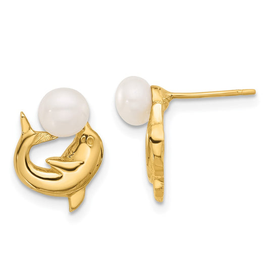 14K Yellow Gold 5-6mm Button White FWC Pearl Dolphin Post Earrings