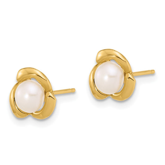 14K Yellow Gold 4-5mm Round White FWC Pearl Flower Post Earrings