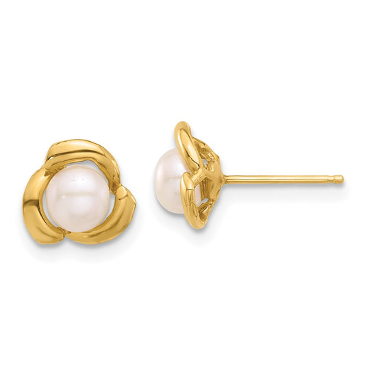 14K Yellow Gold 4-5mm Round White FWC Pearl Flower Post Earrings