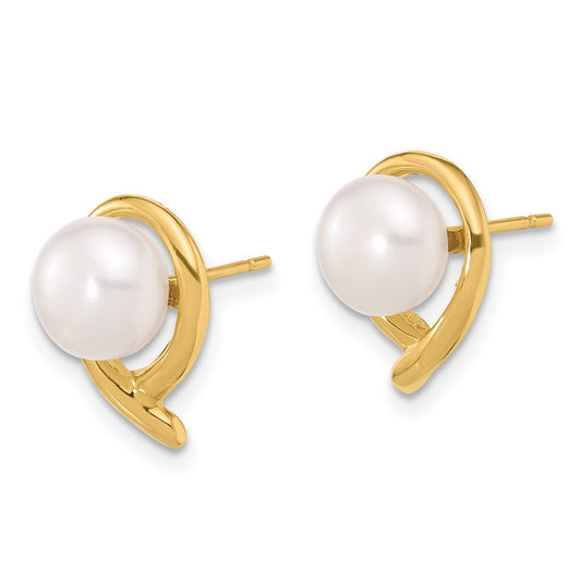 14K Yellow Gold 7-8mm Button White FWC Pearl Post Earrings