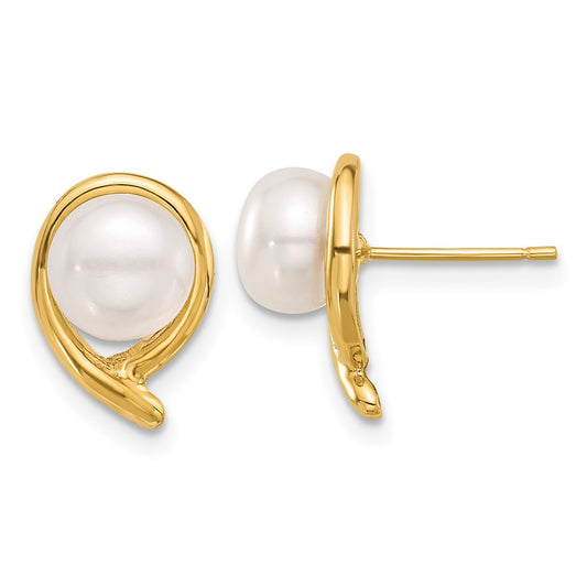 14K Yellow Gold 7-8mm Button White FWC Pearl Post Earrings