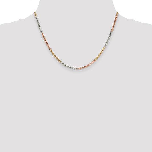 Cadena de cuerda con corte de diamante de 2,9 mm de oro tricolor de 14 quilates