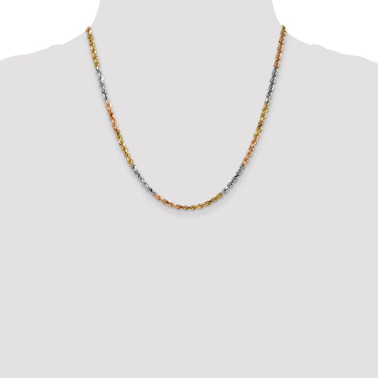 Cadena de cuerda con corte de diamante de 4 mm de oro tricolor de 14 quilates