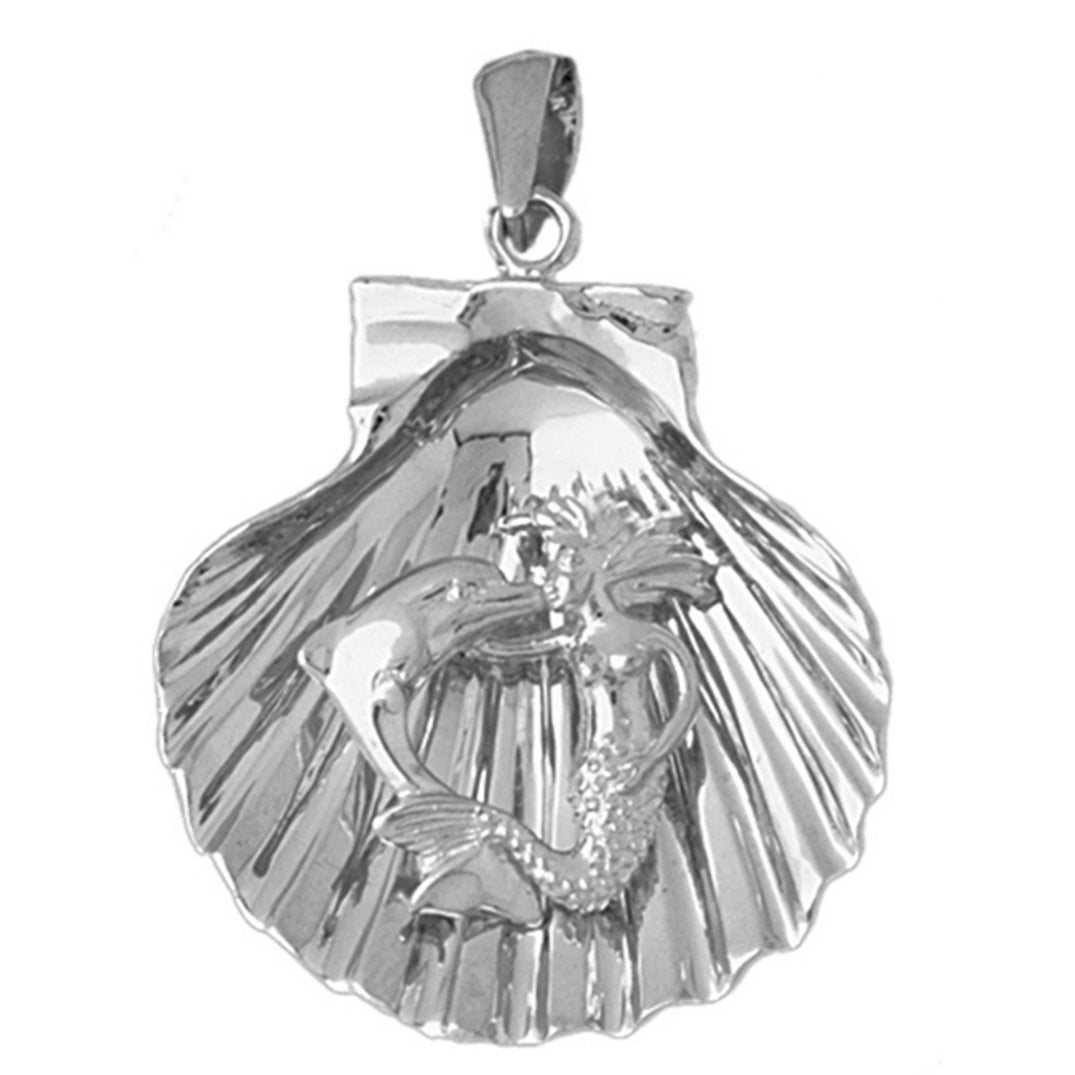 Sterling Silver Shell With Mermaid And Dolphin Pendant