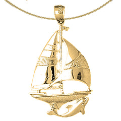Sterling Silver Sailboat With Dolphin Pendant (Rhodium or Yellow Gold-plated)