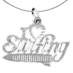 Sterling Silver I Love Surfing Pendant (Rhodium or Yellow Gold-plated)