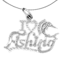 Sterling Silver I Love Fishing Pendant (Rhodium or Yellow Gold-plated)