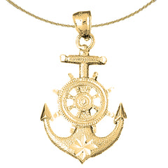 Sterling Silver Anchor With Ships Wheel Pendant (Rhodium or Yellow Gold-plated)