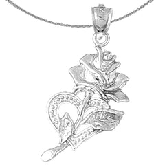 Sterling Silver Rose With Heart Pendant (Rhodium or Yellow Gold-plated)