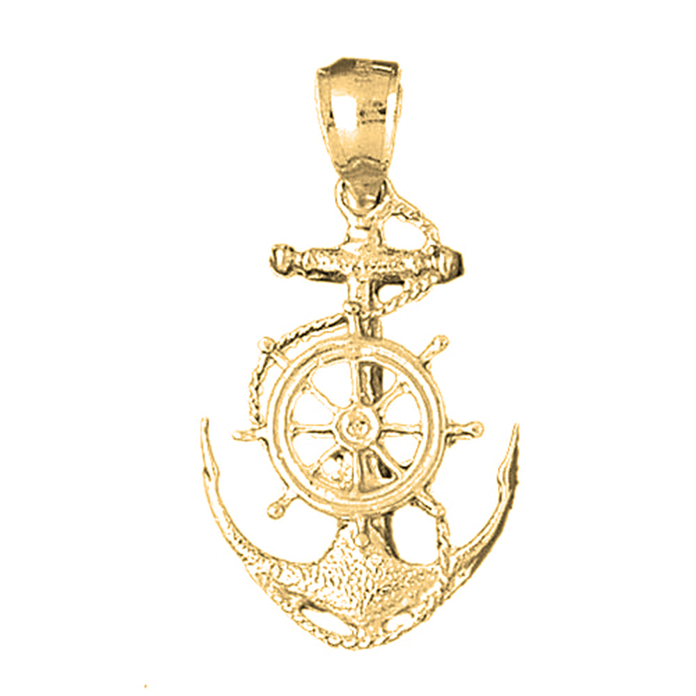 Yellow Gold-plated Silver Anchor With Ships Wheel Pendant