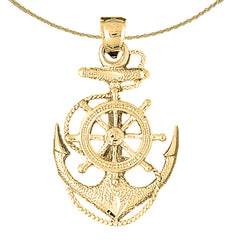 Sterling Silver Anchor With Ships Wheel Pendant (Rhodium or Yellow Gold-plated)