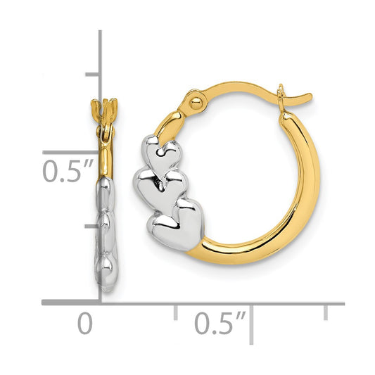 10K Yellow Gold & Rhodium and Hearts Hollow Hoop Earrings