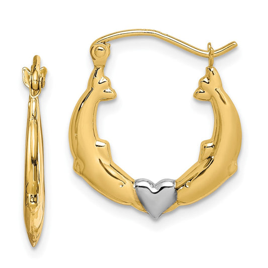 10K Yellow Gold & Rhodium Dolphin Heart Hollow Hoop Earrings