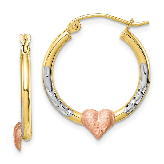 10K Two-tone & White Rhodium Diamond-cut Heart Hoop Earrings