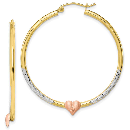 10K Two-tone & White Rhodium Diamond-cut Heart Hoop Earrings