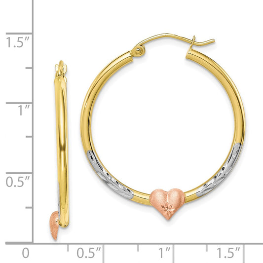 10K Two-tone and White Rhodium Diamond-cut Heart Hoop Earrings