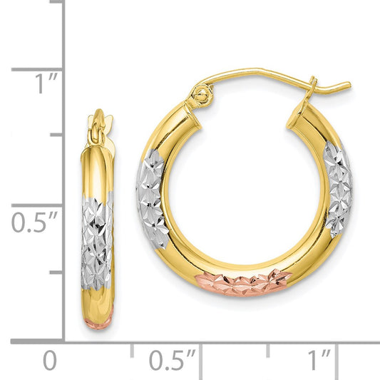 10K Tri-Color Gold Diamond-cut 3x20mm Hoop Earrings