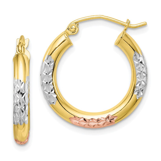 10K Tri-Color Gold Diamond-cut 3x20mm Hoop Earrings