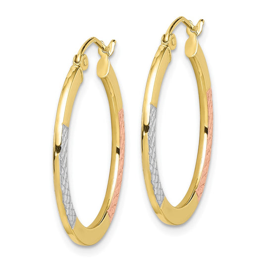 10K Tri-Color Gold Diamond-cut 2.5x25mm Hoop Earrings