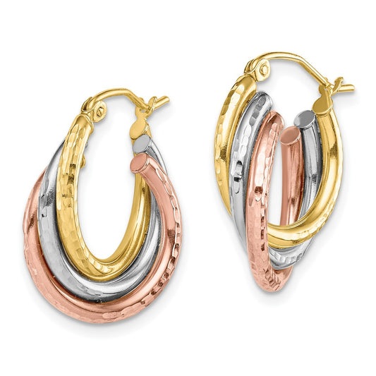 10K Tri-Color Gold Diamond-cut Triple Hoop Earrings