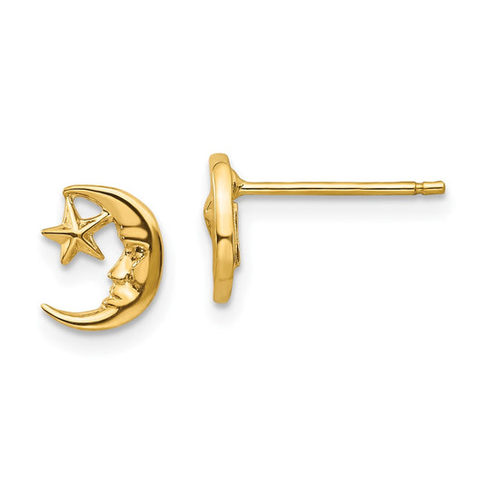 10K Yellow Gold Moon and Star Post Earrings