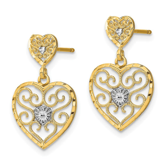 10K Yellow Gold & Rhodium Heart Beaded Filigree Dangle Earrings