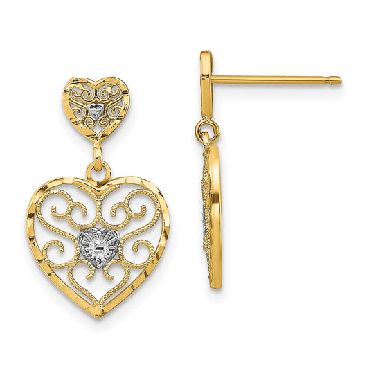 10K Yellow Gold & Rhodium Heart Beaded Filigree Dangle Earrings