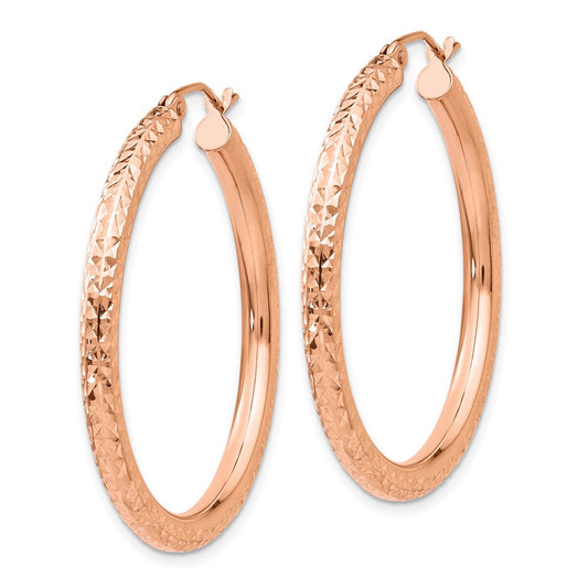 10K Rose Gold Diamond-cut 3mm Round Hoop Earrings