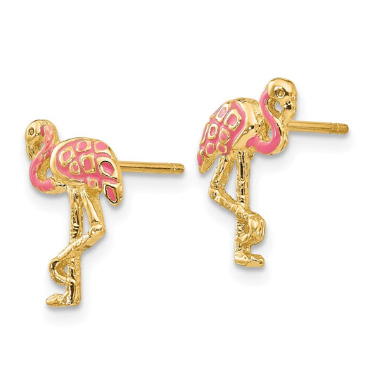 10K Yellow Gold Pink Enameled Flamingo Post Earrings