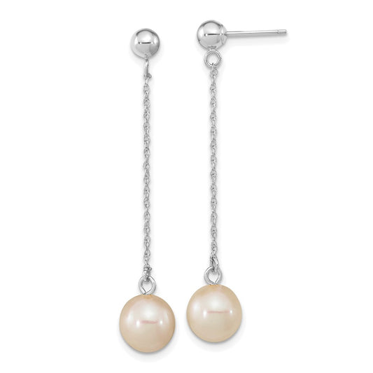 10K White Gold 7-8mm White Round FWC Pearl Dangle Post Earrings