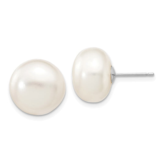 10K White Gold 12-13mm White Button FWC Pearl Stud Post Earrings