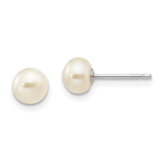 10K White Gold 5-6mm White Button FWC Pearl Stud Post Earrings