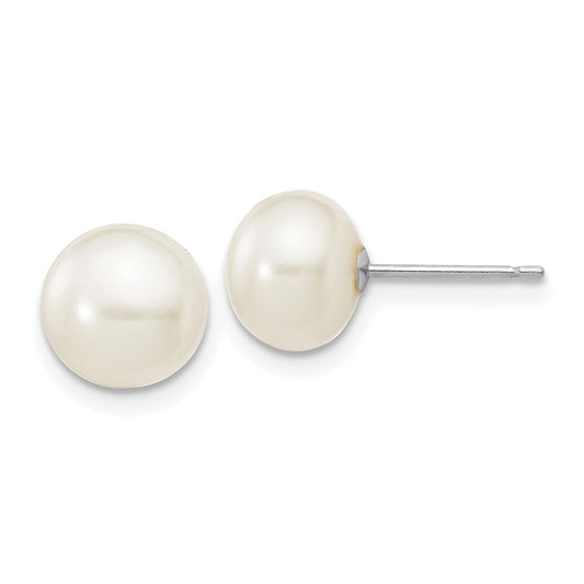 10K White Gold 7-8mm White Button FWC Pearl Stud Post Earrings
