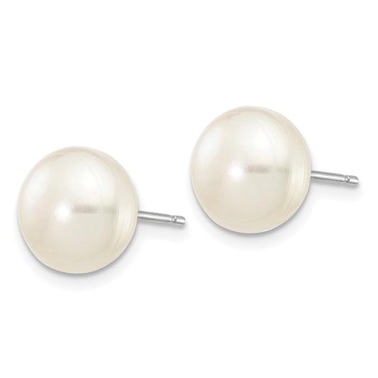 10K White Gold 8-9mm White Button FWC Pearl Stud Post Earrings