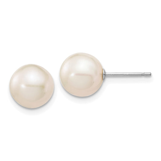 10K White Gold 8-9mm White Round FWC Pearl Stud Post Earrings