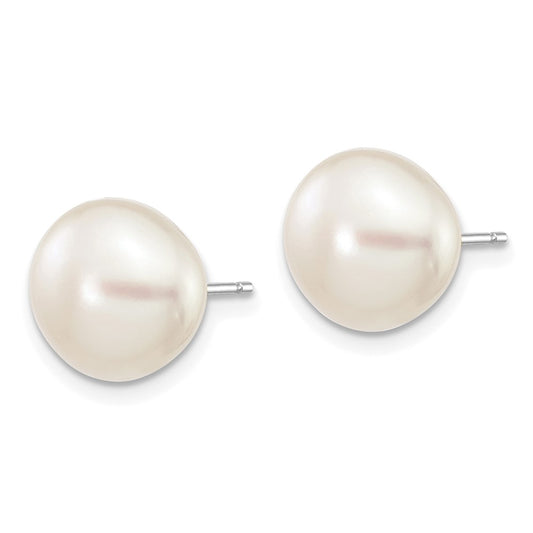 10K White Gold 9-10mm White Button FWC Pearl Stud Post Earrings