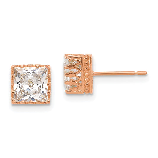 10K Rose Gold Tiara Collection 7mm Rose Gold Polished Square CZ Earrings