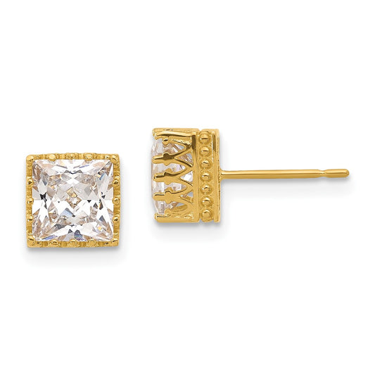 10K Yellow Gold Tiara Collection 7mm Polished Square CZ Earrings