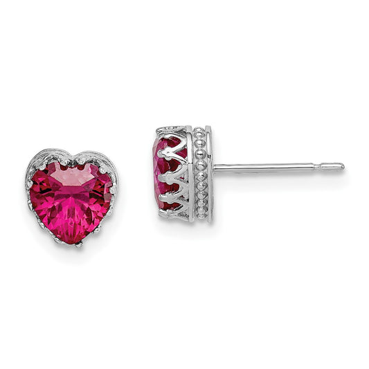 10K White Gold Tiara Collection Polished Created Ruby 6mm Heart Earrings
