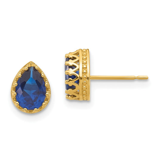 10K Yellow Gold Tiara Collection 8mm Polished Pear Created Sapphire Earrings