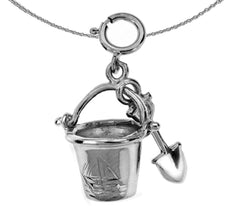 Sterling Silver 3D Bucket & Shovel Pendant (Rhodium or Yellow Gold-plated)