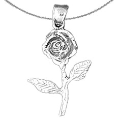 Sterling Silver Long Stem Rose Pendant (Rhodium or Yellow Gold-plated)