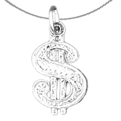 Sterling Silver $, Money Symbol Pendant (Rhodium or Yellow Gold-plated)